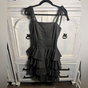 Vintage Barboglio‎ Black Textured Ruffle Tiered Bow Tie Straps Cocktail Dress